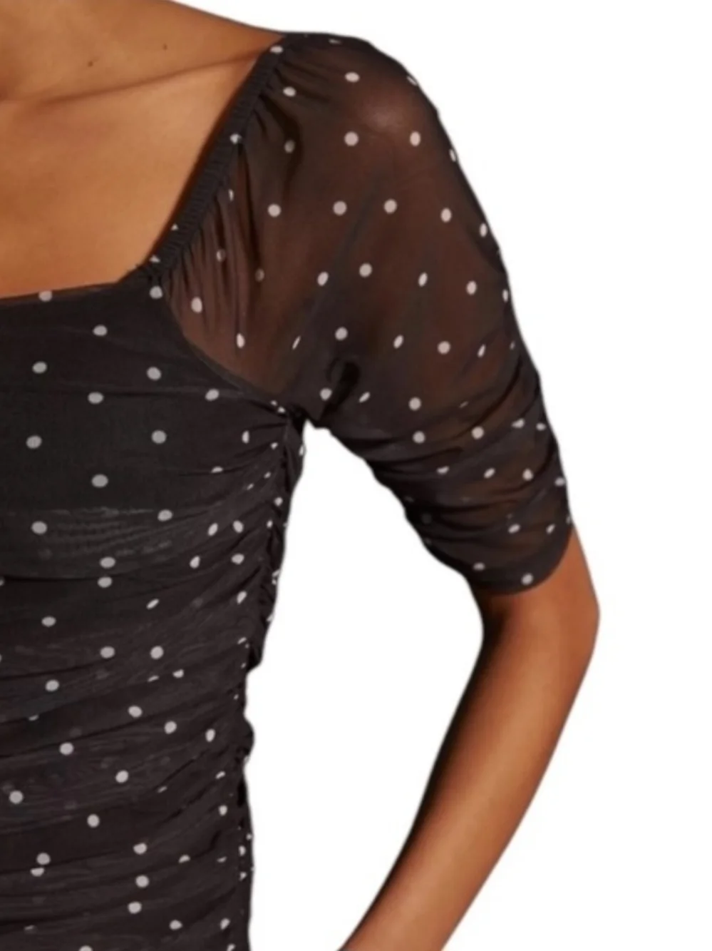 Anthropologie Black Polka Dot Ruched Puff Sleeve Top XXS Square-Neck Mesh Blouse